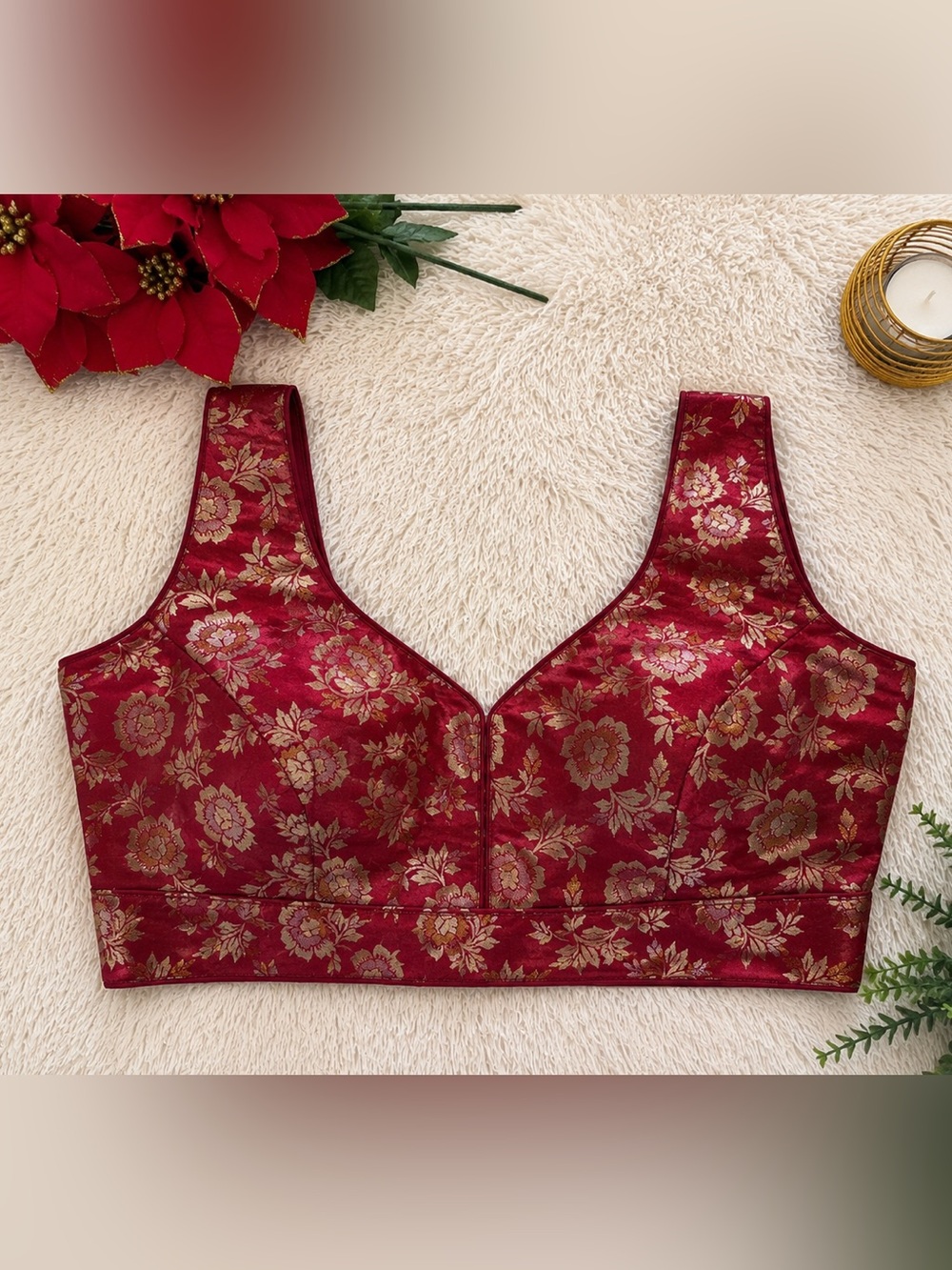 Brand new, Women's Red Floral Brocade blouse for saree,Bust - M (38”)